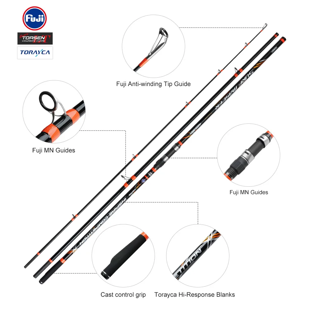 NOEBY-caña de pescar de fundición para Surf, 4,25 m, tubo de carbono, 3 secciones, guía Fuji, asiento de carrete DPS, plomo, 100-250g, caña de tierra de fundición larga - imagen 4