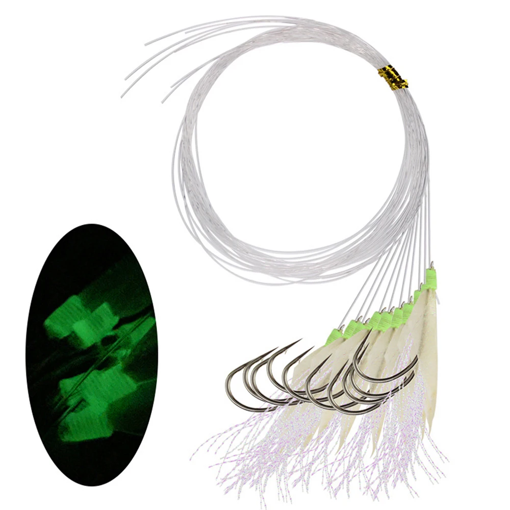 Icerio 50 Stuks Fishing String Haken Vishaken Pre Gebonden Sabiki Fish Vliegen Fish Skin Flasher Rig Vliegen Met Glow - imagen 4