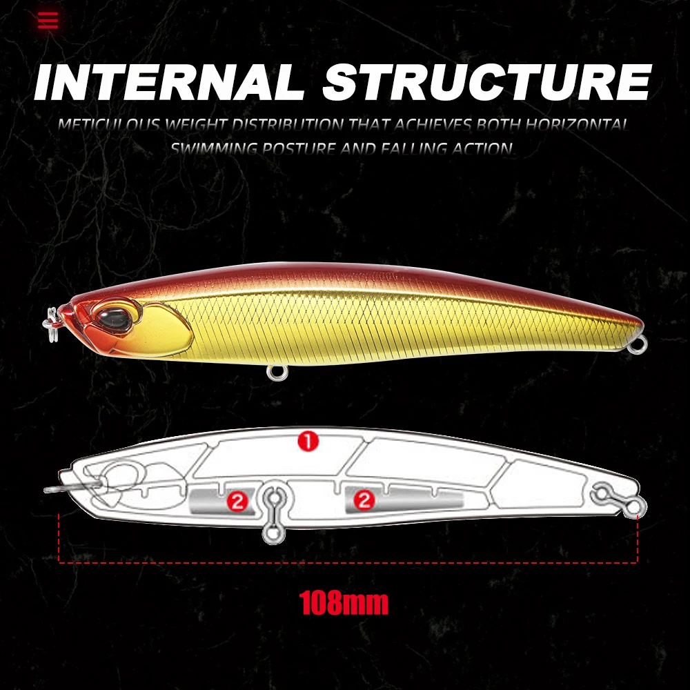 Hunthouse-señuelo de pesca con lápiz que se hunde, 108mm/27,5g, cebos duros de fundición larga, caminar al perro para lubina, aparejos de pesca - imagen 5