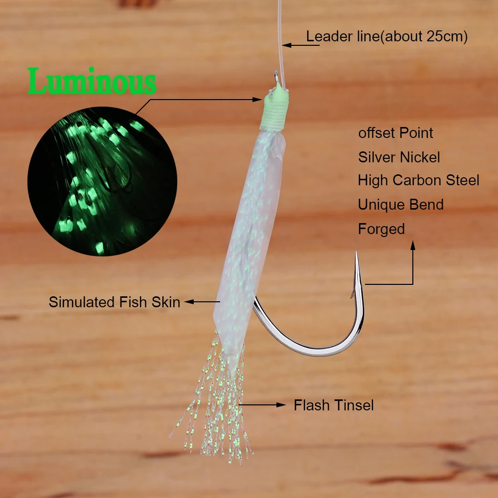 Icerio 50 Stuks Fishing String Haken Vishaken Pre Gebonden Sabiki Fish Vliegen Fish Skin Flasher Rig Vliegen Met Glow - imagen 3