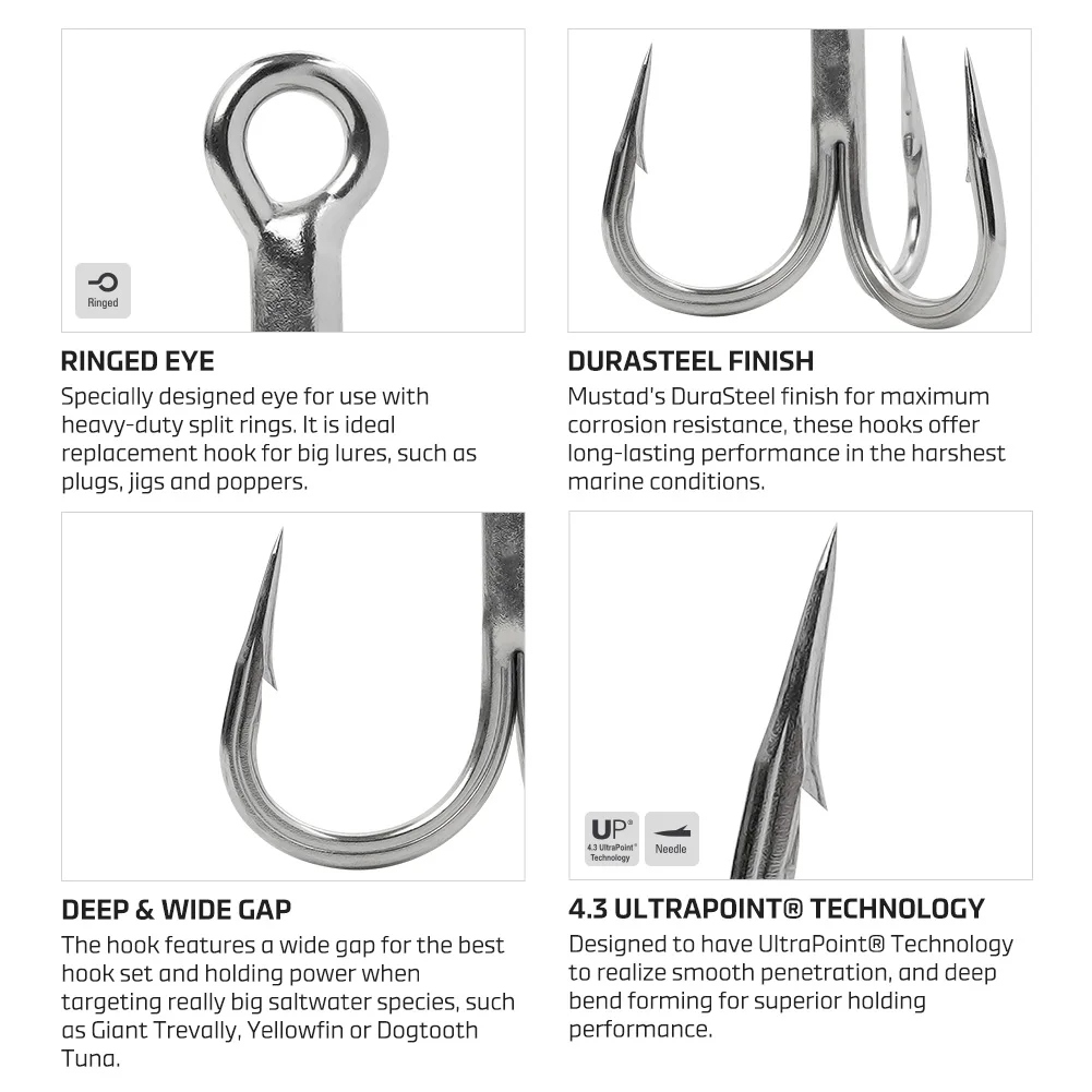 NOEBY Bluefin-ganchos triples para atún, súper resistentes, arrastre máximo 7X, 200kg, gancho para atún Mustad, 3/0, 4/0, 5/0, 6/0, 7/0, 8/0, gancho de juego grande - imagen 5