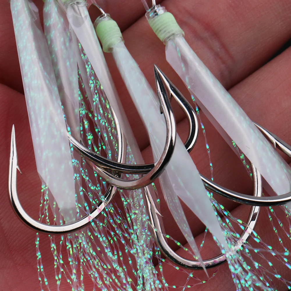 Icerio 50 Stuks Fishing String Haken Vishaken Pre Gebonden Sabiki Fish Vliegen Fish Skin Flasher Rig Vliegen Met Glow - imagen 5