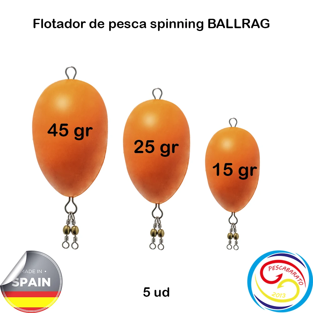 Flotador de pesca spinning BALLRAG, con anillas de acero inoxidable y emerillones, Color naranja, LOTE DE 5 UNIDADES, Pesca barato 2013 - imagen 2