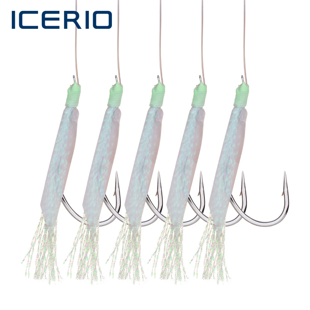 Icerio 50 Stuks Fishing String Haken Vishaken Pre Gebonden Sabiki Fish Vliegen Fish Skin Flasher Rig Vliegen Met Glow