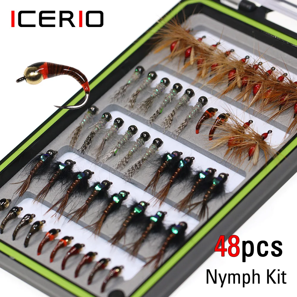 ICERIO-Kit de 48 piezas de Ninfa para pesca de trucha, cebos de pesca con mosca, cebo de tungsteno/Cobre, plantilla con cuentas, Euro, ninfas, anzuelo sin púas, perdigón, ninfas, Ant