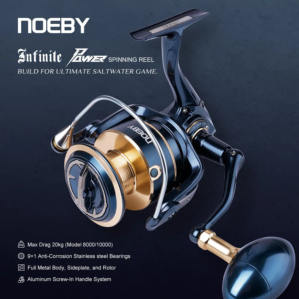 Carrete de pesca Noeby Infinite Power 8000H 10000H 5,9:1 arrastre máximo de aluminio 20kg carretes de pesca de agua salada con cuerpo totalmente metálico