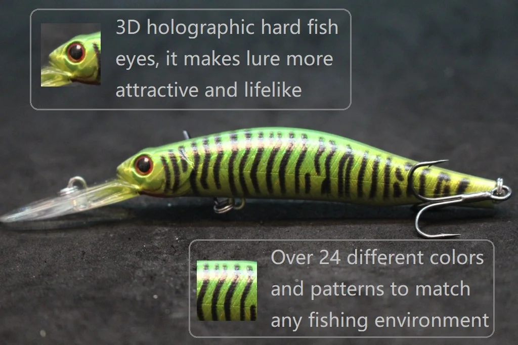 Experimente el encanto de nuestros ojos de peces duros holográficos 3D diseñados para que su señuelo sea más atractivo y realista, con más de 24 colores y patrones diferentes para que coincida con cualquier entorno de pesca.
