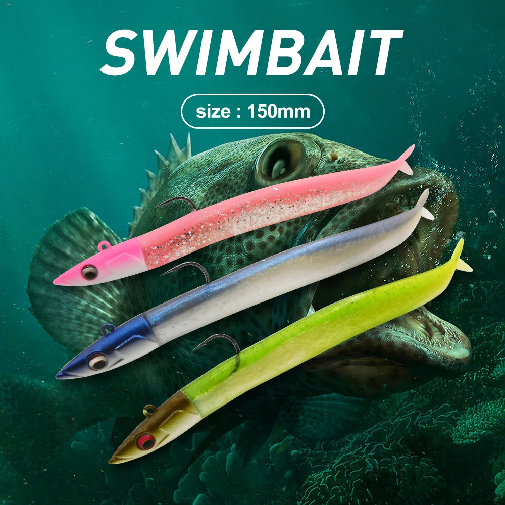 ESFISHING nuevos cebos de pesca cabeza de plomo Anguila de mar 150mm Shad señuelo suave para captura grande mezclado con anzuelo de calidad con cabeza de anzuelo - imagen 2