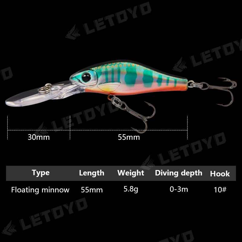 LETOYO-Cebo duro Artificial flotante minnow, señuelo de pesca de agua dulce, Wobblers para trucha y perca, 55mm, 5,8g, 0-3m - imagen 3