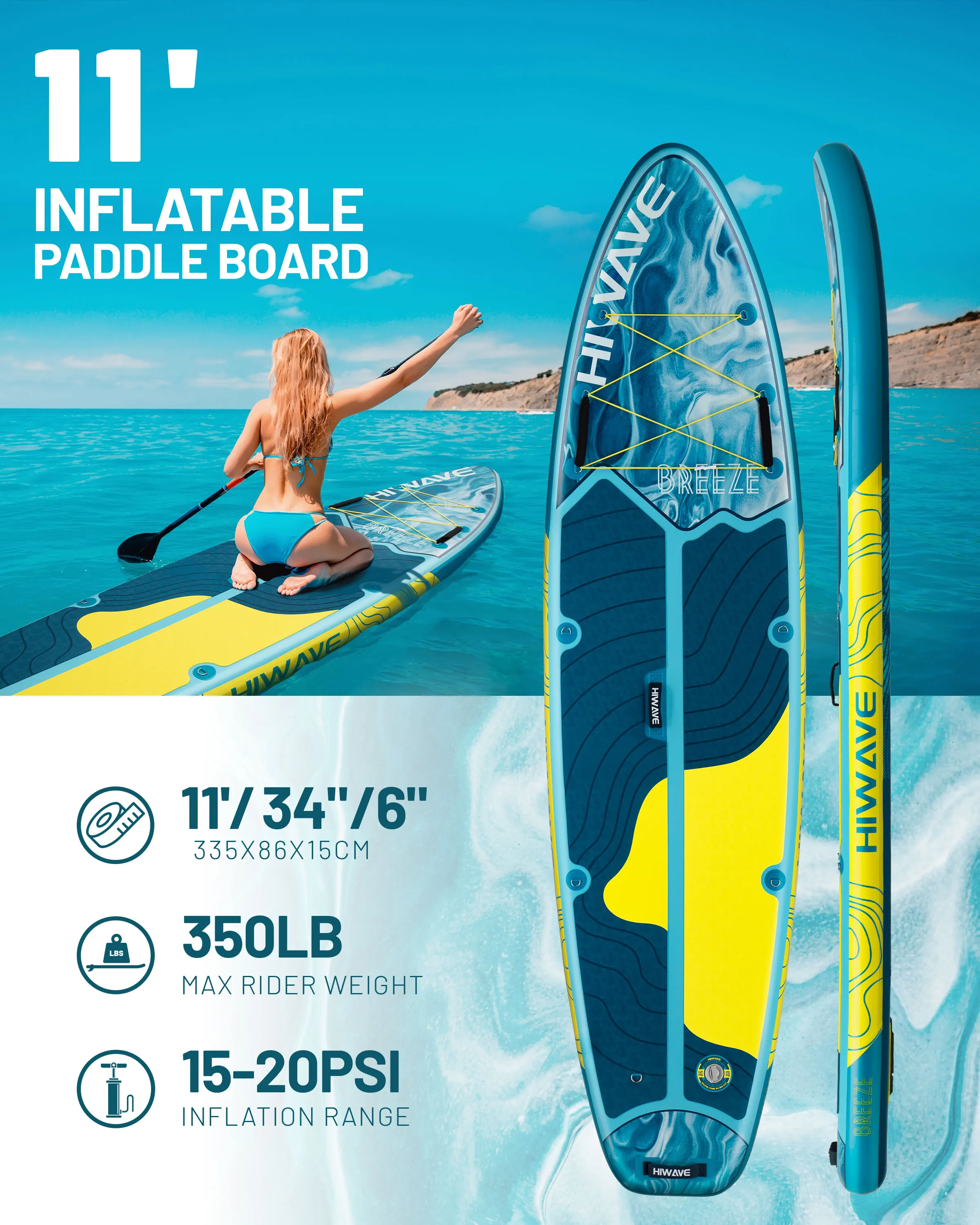 HIWAVE SUP 11'x34'x6' – Tabla de Paddle inflable ancha para pesca - imagen 2