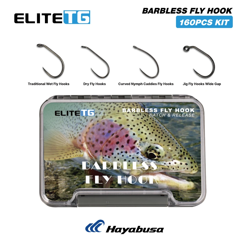 Elite-Juego de anzuelos para pesca con mosca, Set de anzuelos para pescar con mosca seca, ninfa, camarón, húmedos Caddis, cajas de anzuelos para moscas Barbless, TG 160 piezas, #10 #12 #14 #16 #18