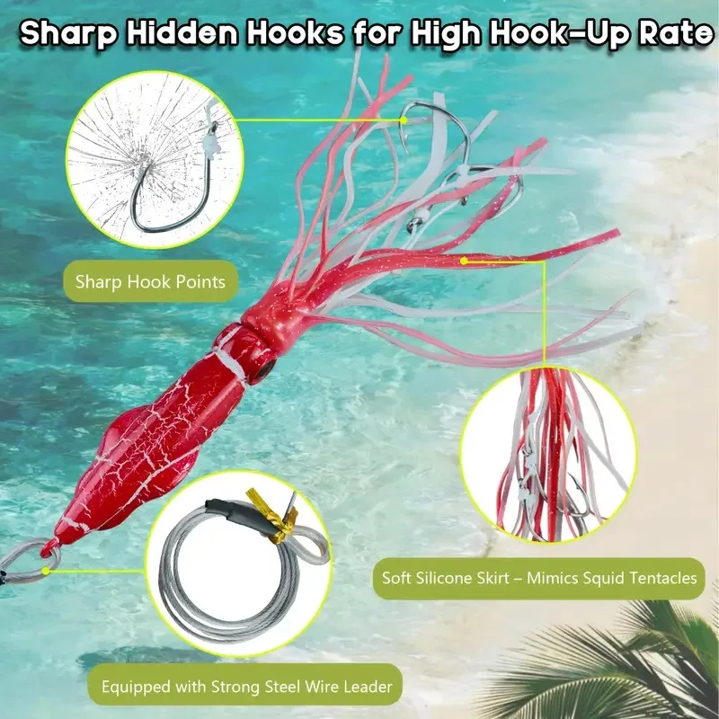 Plantilla de falda de calamar luminosa con cabeza de Metal de alta resistencia con líder de alambre, señuelo de pesca de calamar que brilla en la oscuridad, cebo de curricán de agua salada para