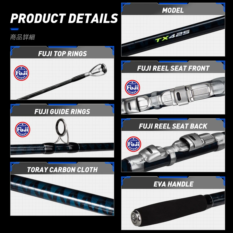 Hunthouse-caña de pescar 3 piezas, 4,05 m, 4,25 m, 40T, señuelo de fibra de carbono, peso 100-250g, luz giratoria, parte completa Fuji, Océano, agua salada - imagen 3