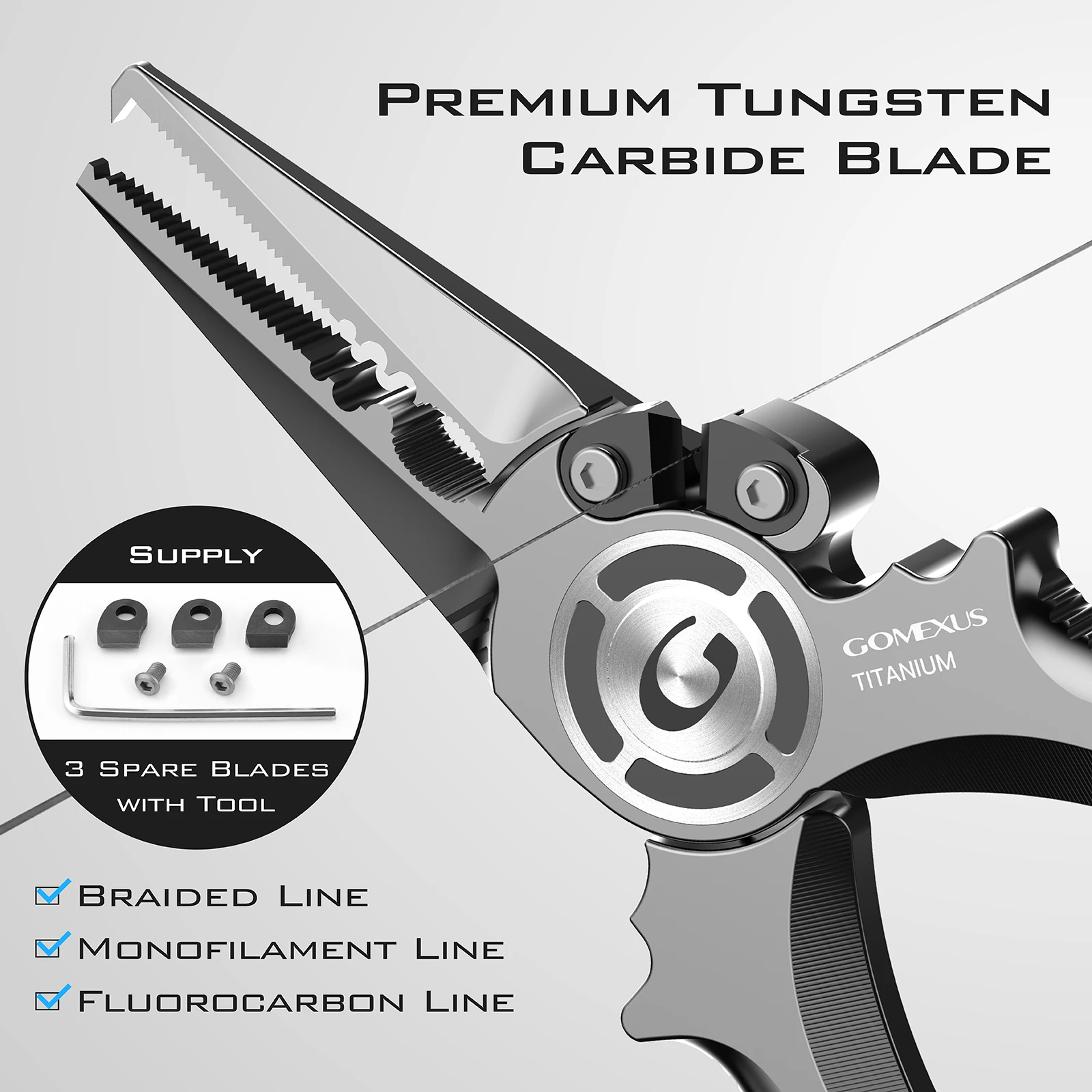 Alicates de pesca de titanio Gomexus de 7,5 pulgadas con cortadores laterales, cordón, funda de cuero, removedor de anzuelos nunca oxidado, resistente al agua salada - imagen 5