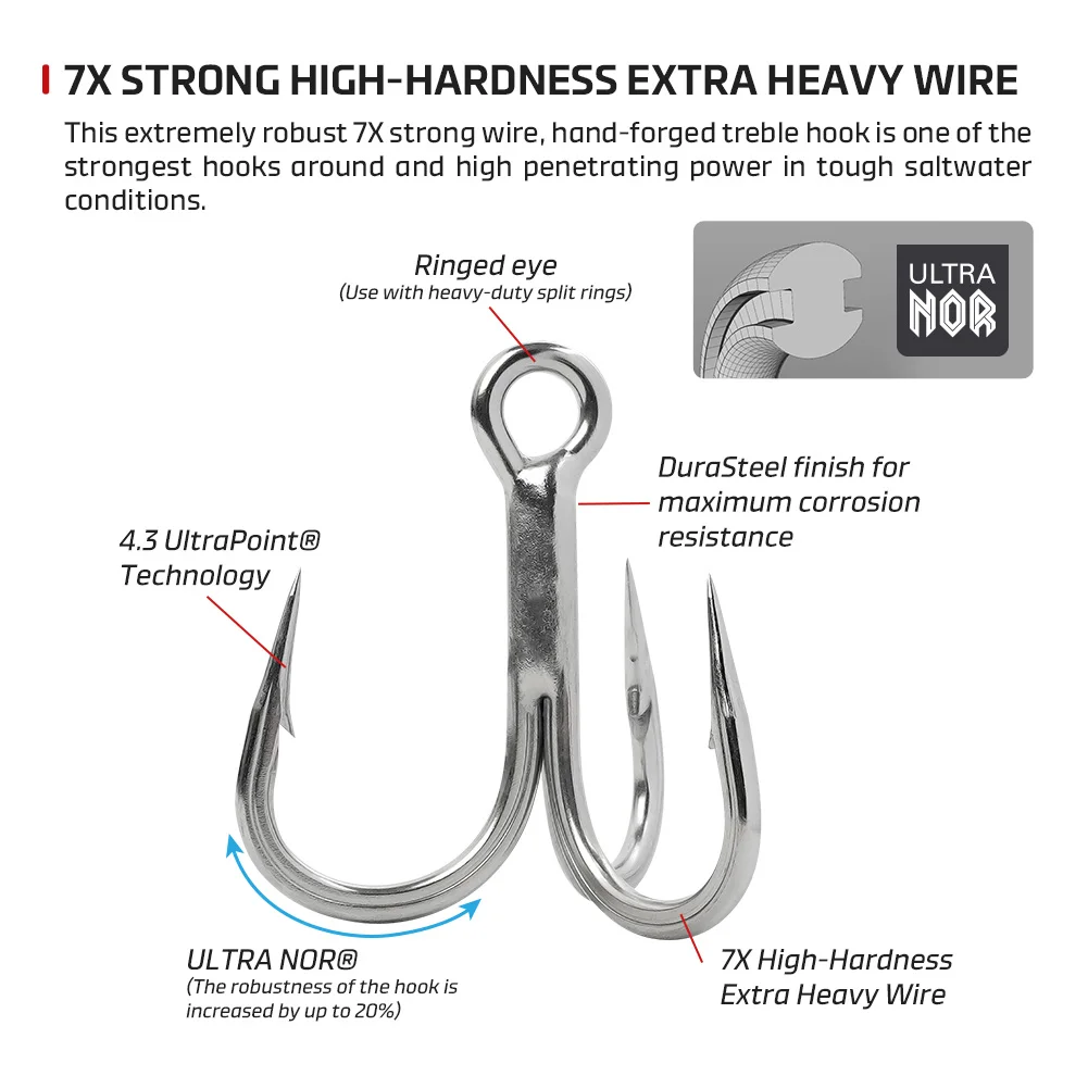 NOEBY Bluefin-ganchos triples para atún, súper resistentes, arrastre máximo 7X, 200kg, gancho para atún Mustad, 3/0, 4/0, 5/0, 6/0, 7/0, 8/0, gancho de juego grande - imagen 4