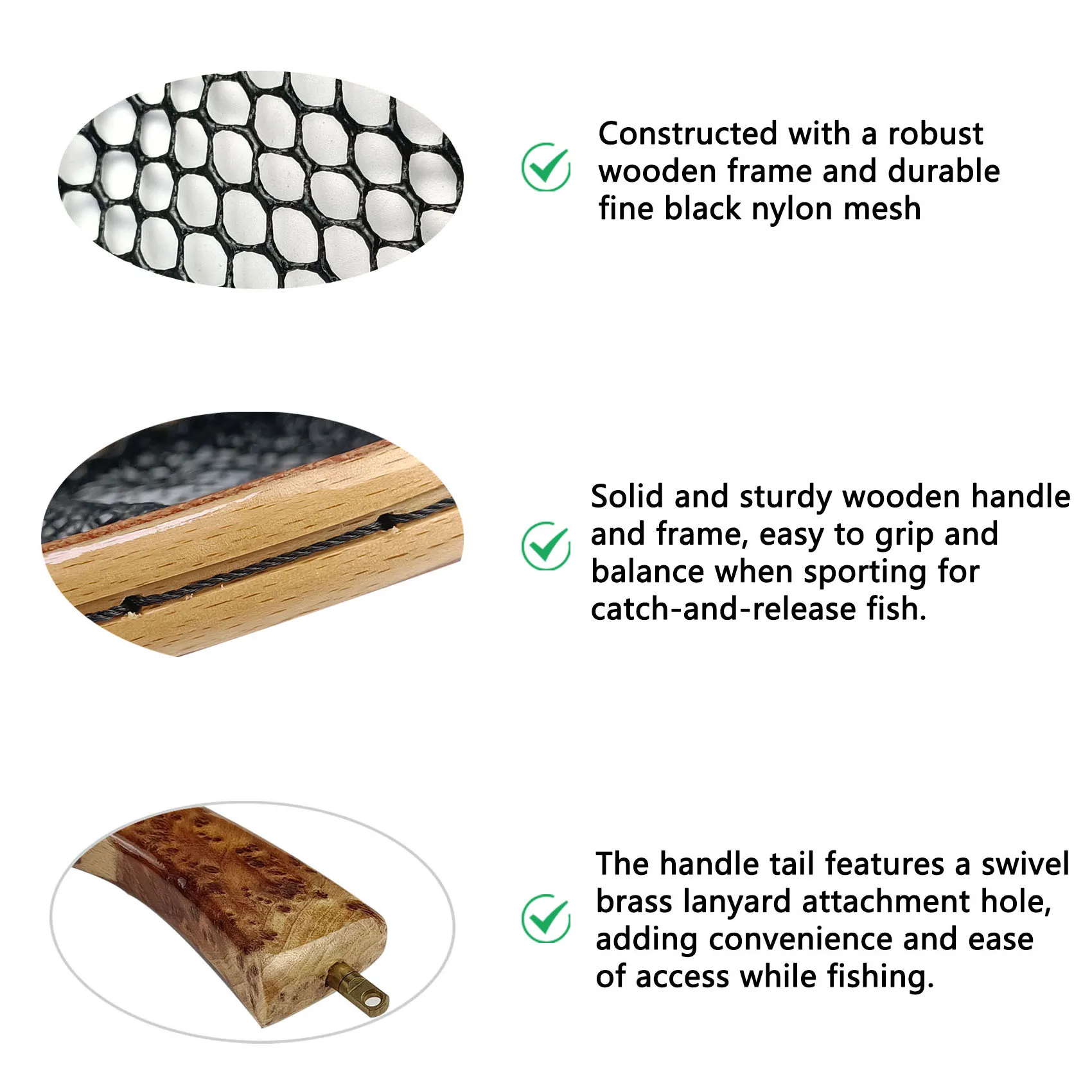 Aventik-Red de aterrizaje de pesca con mosca de madera curvada Tenkara, red de pesca súper ligera con cordón de latón giratorio, accesorio perfecto - imagen 4