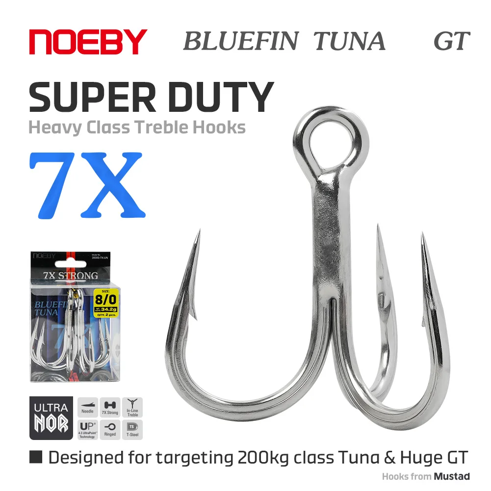NOEBY Bluefin-ganchos triples para atún, súper resistentes, arrastre máximo 7X, 200kg, gancho para atún Mustad, 3/0, 4/0, 5/0, 6/0, 7/0, 8/0, gancho de juego grande