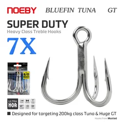NOEBY Bluefin-ganchos triples para atún, súper resistentes, arrastre máximo 7X, 200kg, gancho para atún Mustad, 3/0, 4/0, 5/0, 6/0, 7/0, 8/0, gancho de juego grande