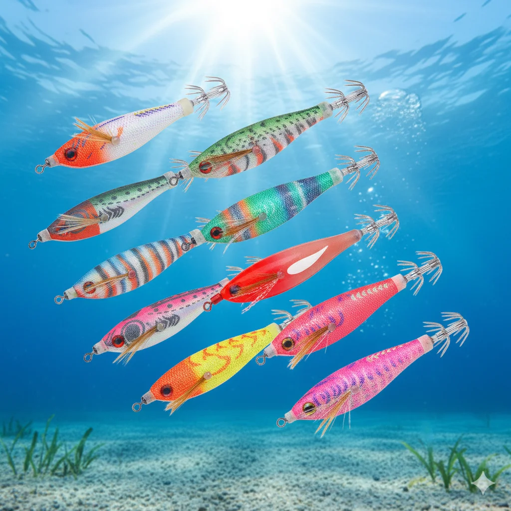 5 unidades de plantillas de calamar horizontales, 8cm, 5,8g, señuelo de pesca, anzuelo de calamar Artificial, cebos de Jigging chapados para pesca en el mar, sepia luminosa