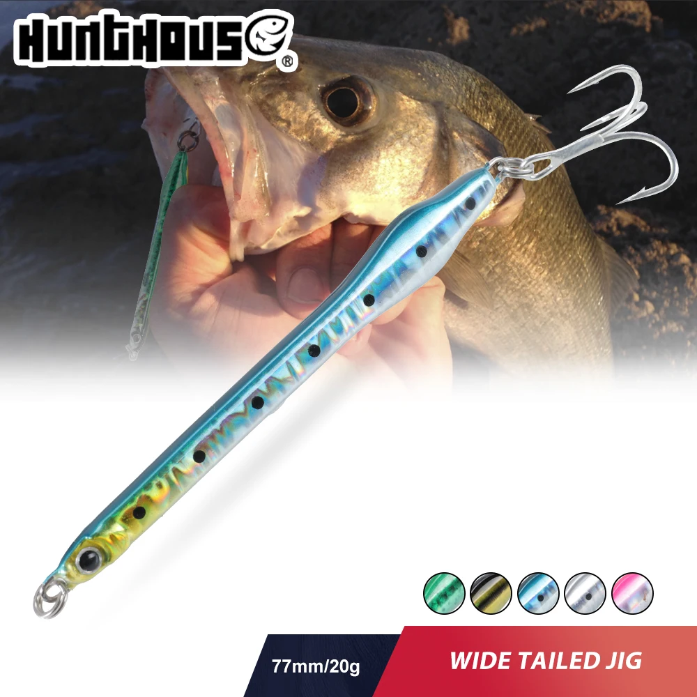 Hunthouse-señuelo de pesca con plantilla de Metal de cola ancha, 77mm/20g, agua salada, hundimiento lento, cebos de Jigging para lubina, atún, aparejos de pesca