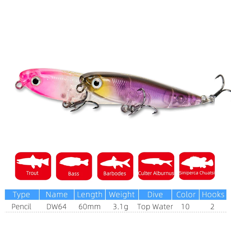 TSURINOYA-señuelo de pesca de superficie de Río, lápiz Topwater 60F, 60mm, 3,1g, cebo de juego de trucha, cebos duros de finura, cebos falsos - imagen 2