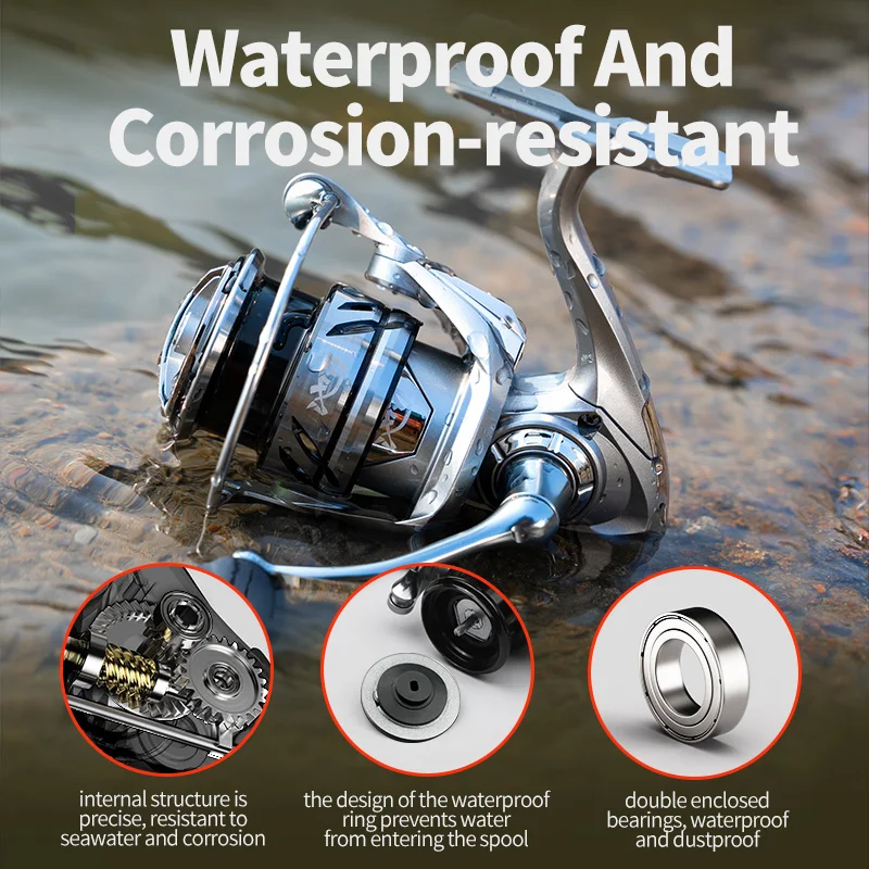 LINNHUE-carrete de pesca de Metal ultraligero, accesorio de pesca de carpa, accesorio giratorio de mar plateado, LUKINT1500-3000, doble mango - imagen 4