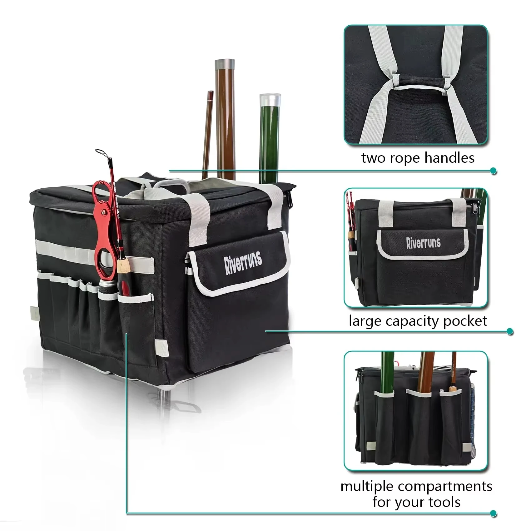 Riverruns-Bolsa duradera para Kayak, resistente al agua salada, para pesca, con 3 soportes para caña de pescar, aparejos grandes para Kayak - imagen 5