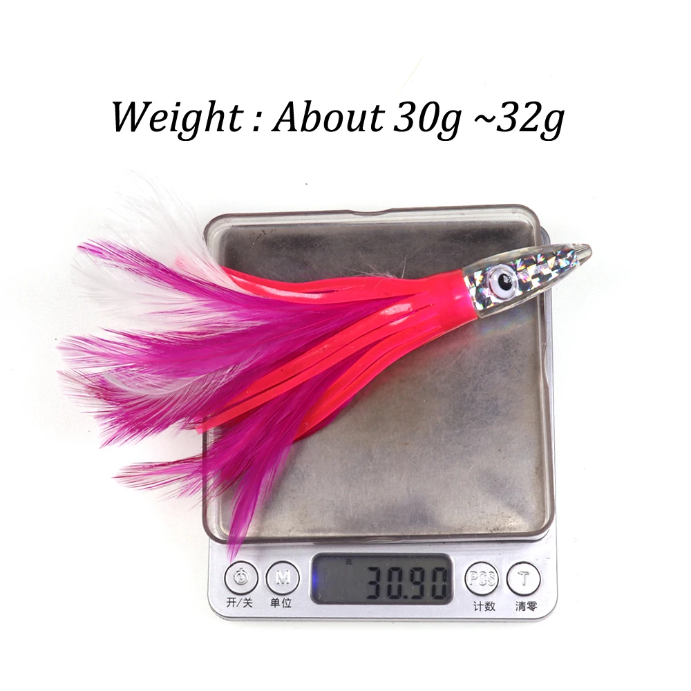 Señuelo con cabeza de resina acrílica para pesca en el mar, cebo con forma de pulpo, falda y pluma, 14cm/30g, para pesca de arrastre grande, atún, Wahoo, 5 colores - imagen 4