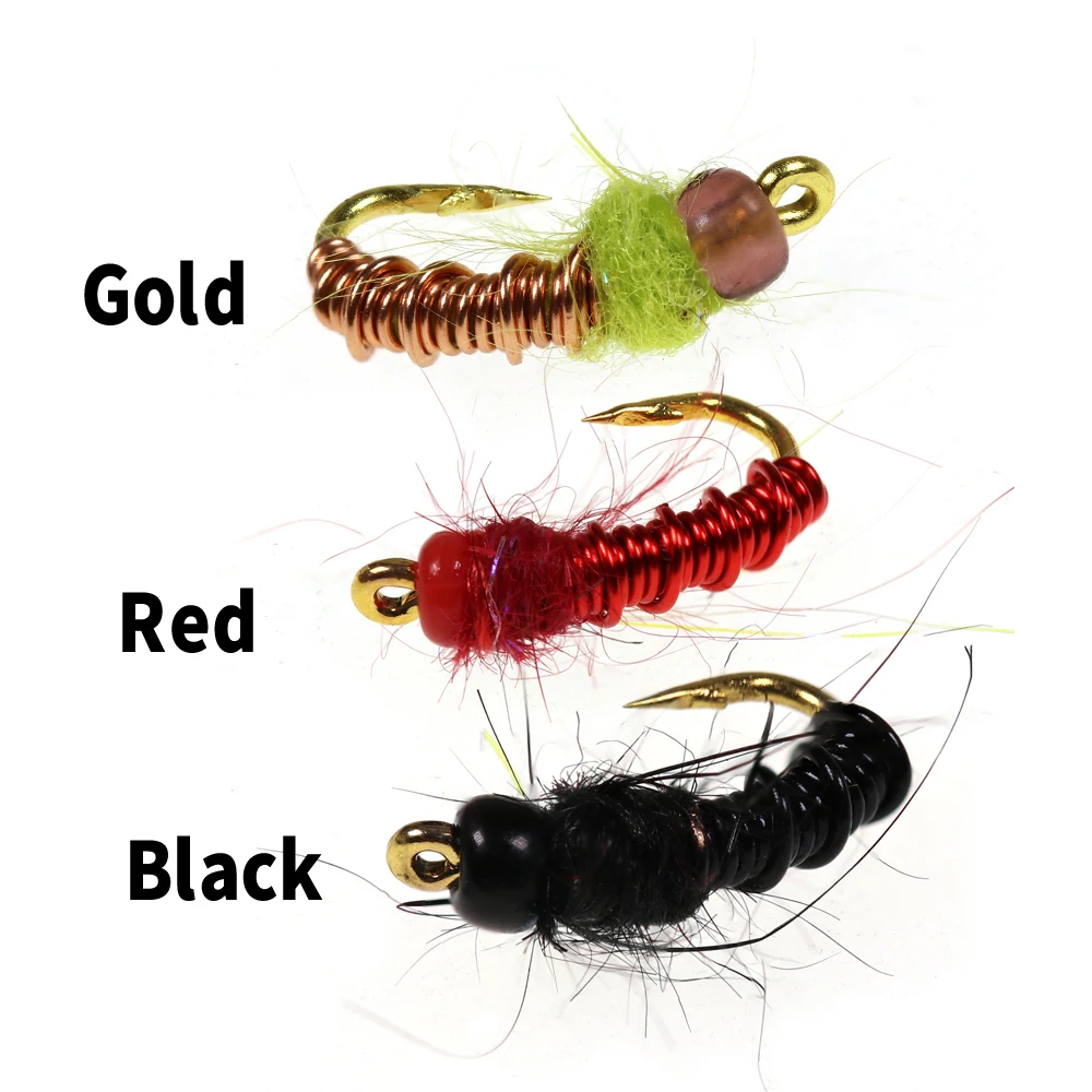 Bimoo-SEÑUELOS DE pesca con mosca, 12 unidades, #16, de color negro, rojo y dorado, con cabeza de cuentas, ninfas, moscas, salmón, trucha - imagen 4