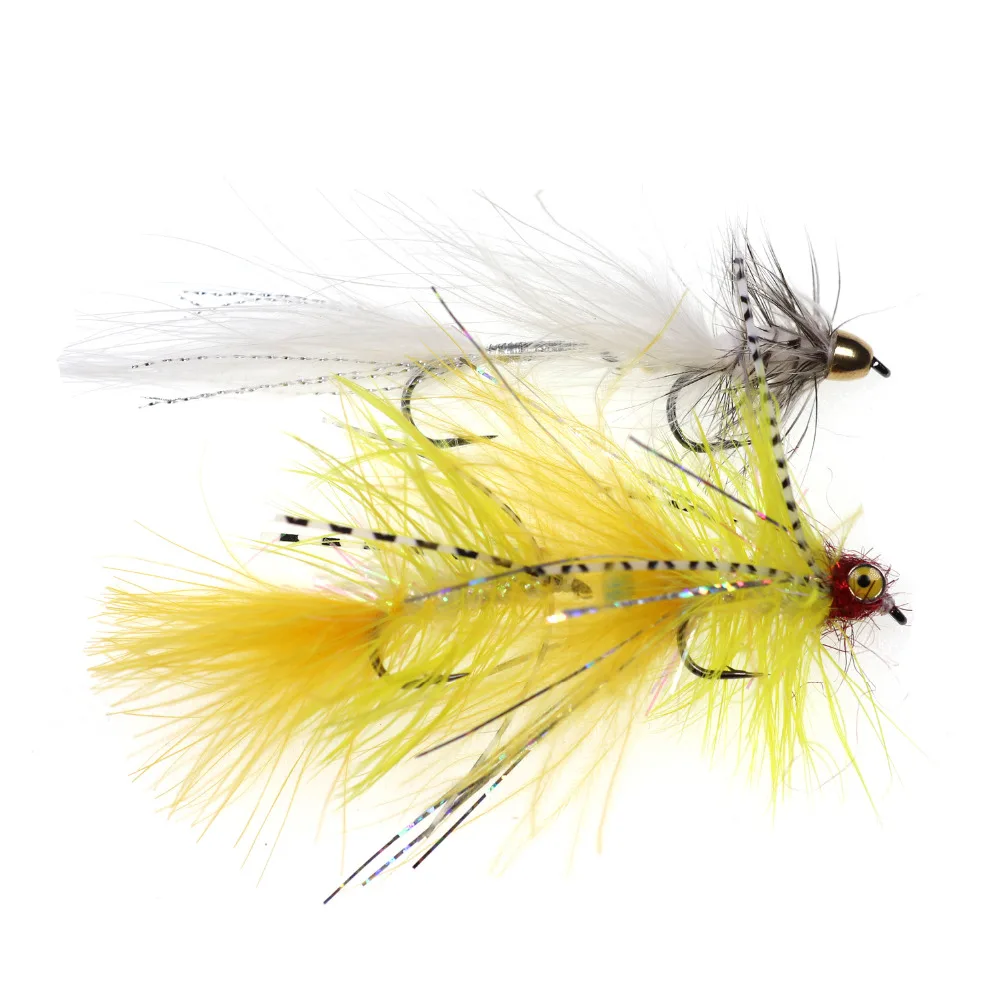 Señuelo de pesca falso, 2 piezas #4, doble gancho, amarillo y blanco, marabú, Streamer, Mosca, pez para Lucio, trucha, Mosca, pececillo - imagen 2