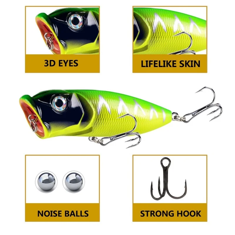 Señuelos de pesca Popper, 1 Uds., 6,5 cm, 12g, cebo duro Topwater, Wobblers artificiales, aparejos de pesca de plástico con 6 #   Ganchos - imagen 3