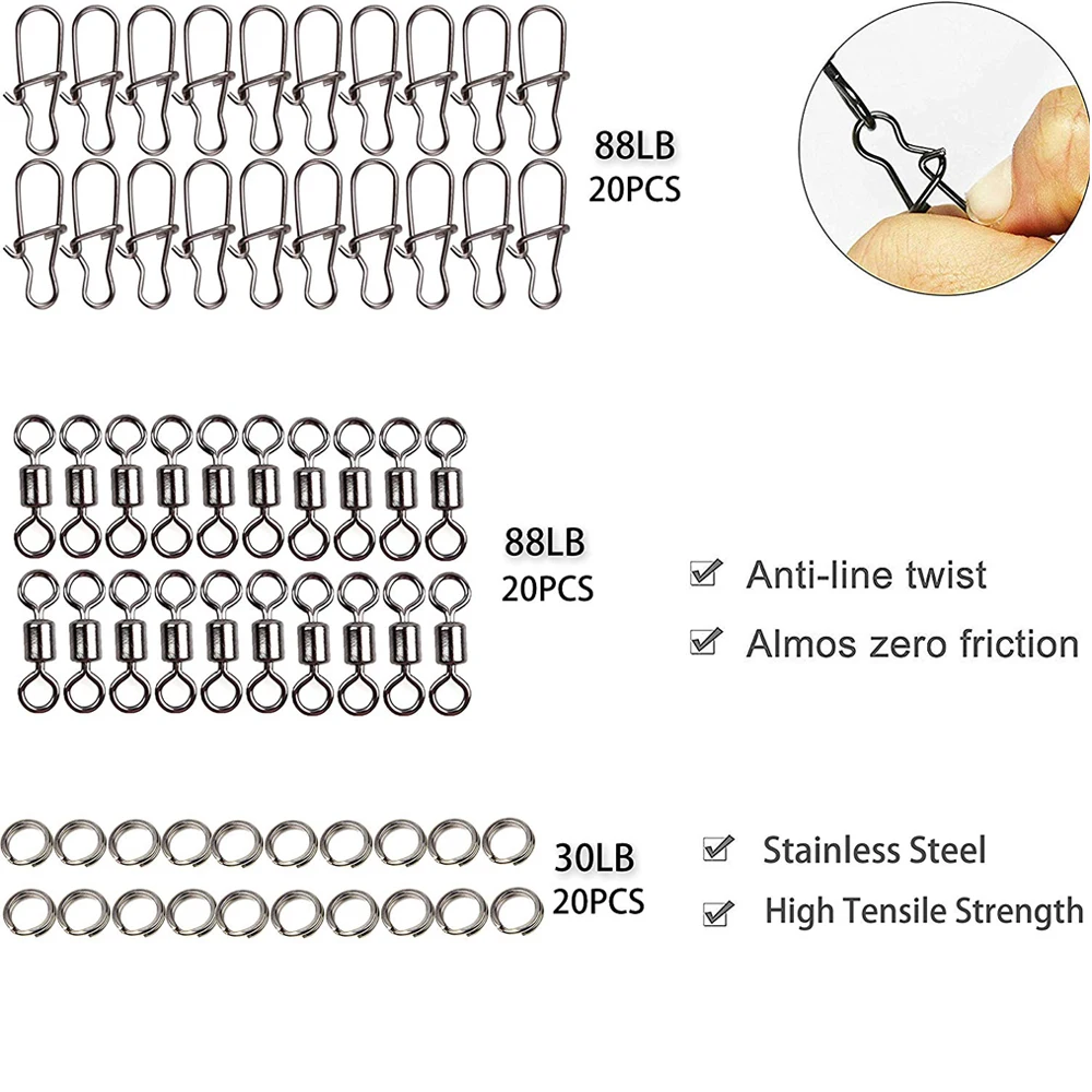 Kit de accesorios de pesca, 203 unids/caja que incluye anzuelos, pesas, señuelos giratorios, anzuelos de cabeza, juntas tóricas, aparejos de pesca - imagen 5