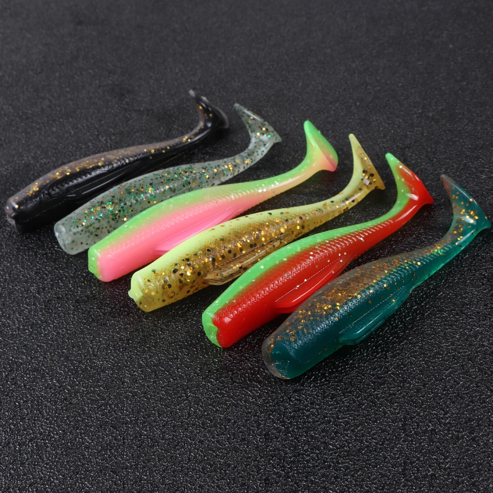 JOHNCOO 6 unids/lote señuelo suave de pesca cebo TPR 80mm 4,8g gusano de cola en T de alta elasticidad agujero negro cebo flotante Jigging Wobblers - imagen 3