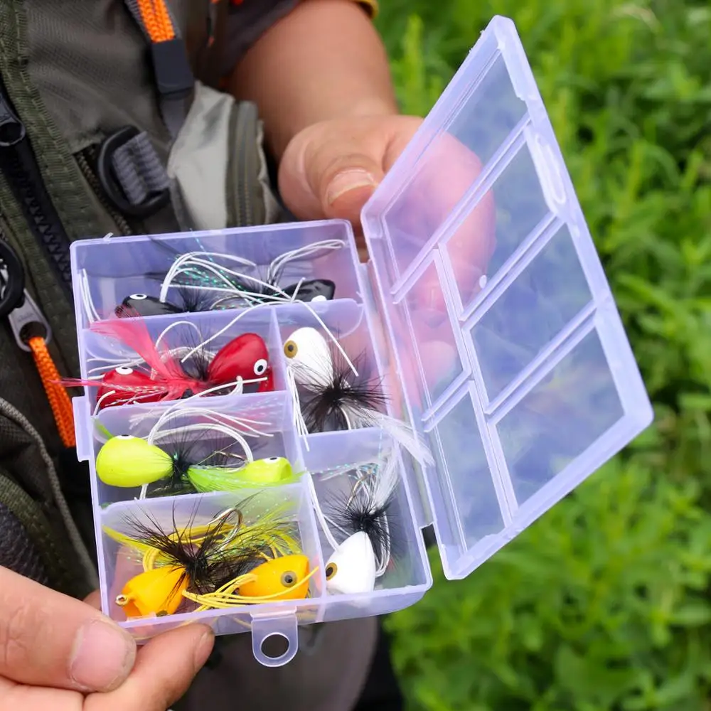 Bimoo 10 piezas # 2 Poppers de pesca con mosca, señuelo Popper flotante para Bluegill Bass Panfish, señuelo de pesca con mosca Chartreuse, naranja, rojo y blanco - imagen 5