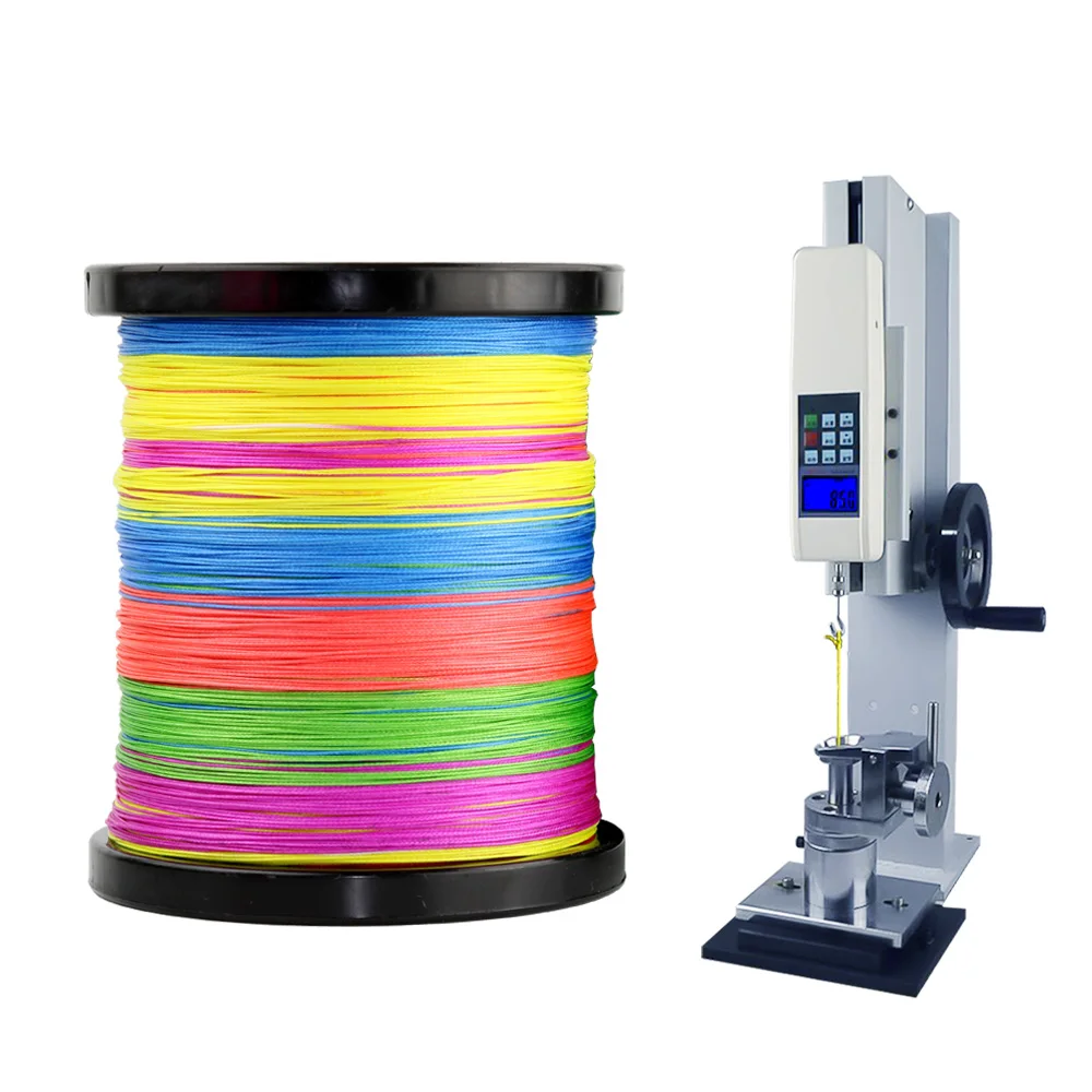 Línea de pesca trenzada colorida con equipo de prueba de precisión