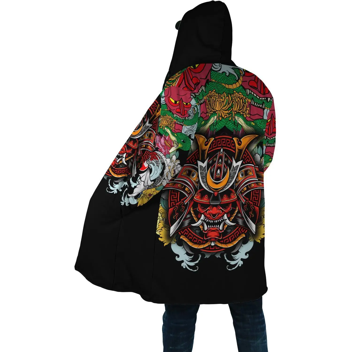 Capa de moda de invierno para hombre, máscara de Samurai Oni, tatuaje, estampado 3D, capa con capucha de lana gruesa, capa cálida informal Unisex DP08 2024 - imagen 3