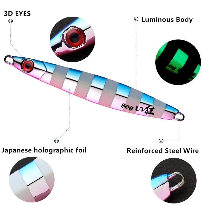 FUNADAIKO Metal cromado Jig Fish 60g 80g 100g Shore Casting plantilla luminosa señuelo de Pesca de mar cebo Artificial aparejos de Pesca - imagen 5