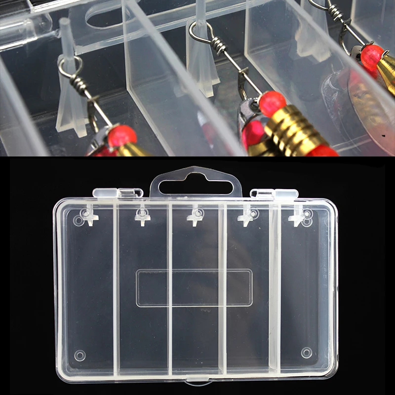 Caja de aparejos de pesca colgante, caja de plástico para Señuelos de Pesca con 5 compartimentos, práctica, impermeable, EGI/lubina, 2 tamaños, 1 unidad - imagen 4