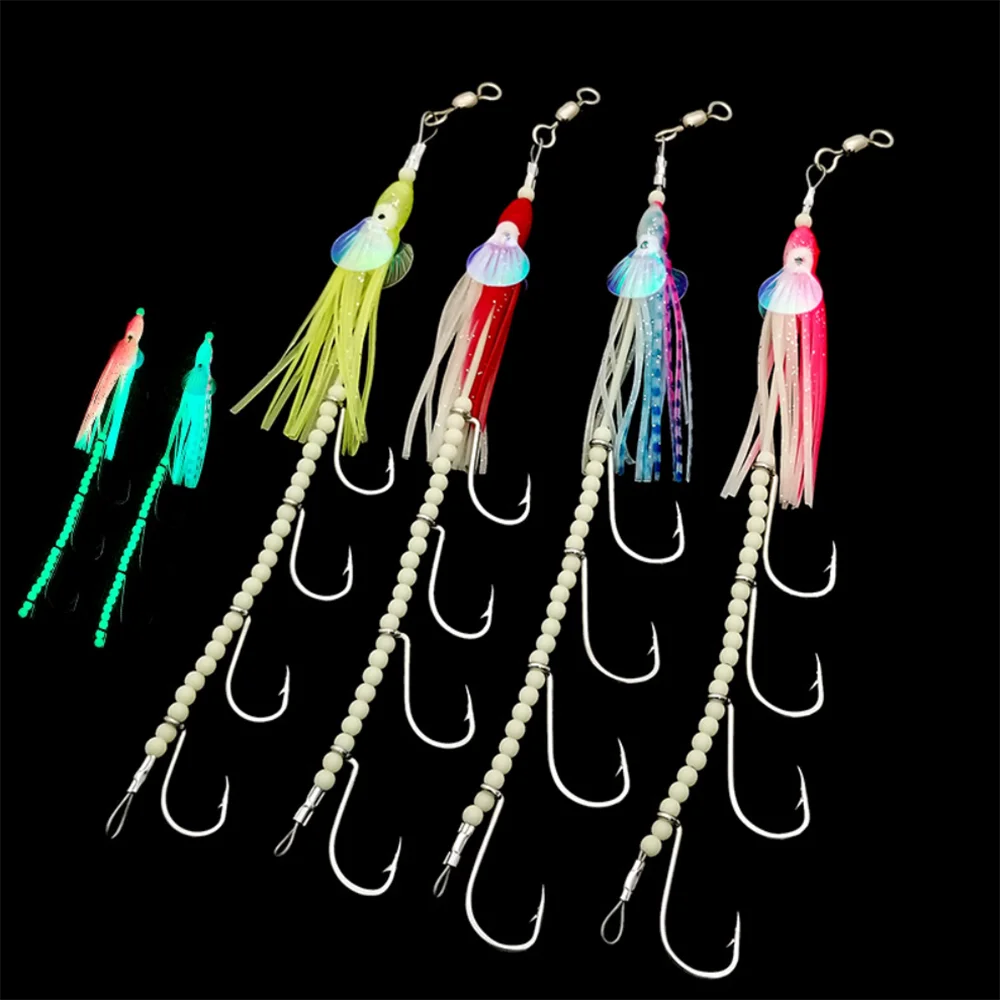 Gancho de cadena brillante para pesca en el mar, 1 bolsa = 4 ganchos, ganchos de púas, cebo de alimentación luminoso, productos Luya de acero al carbono, accesorios afilados
