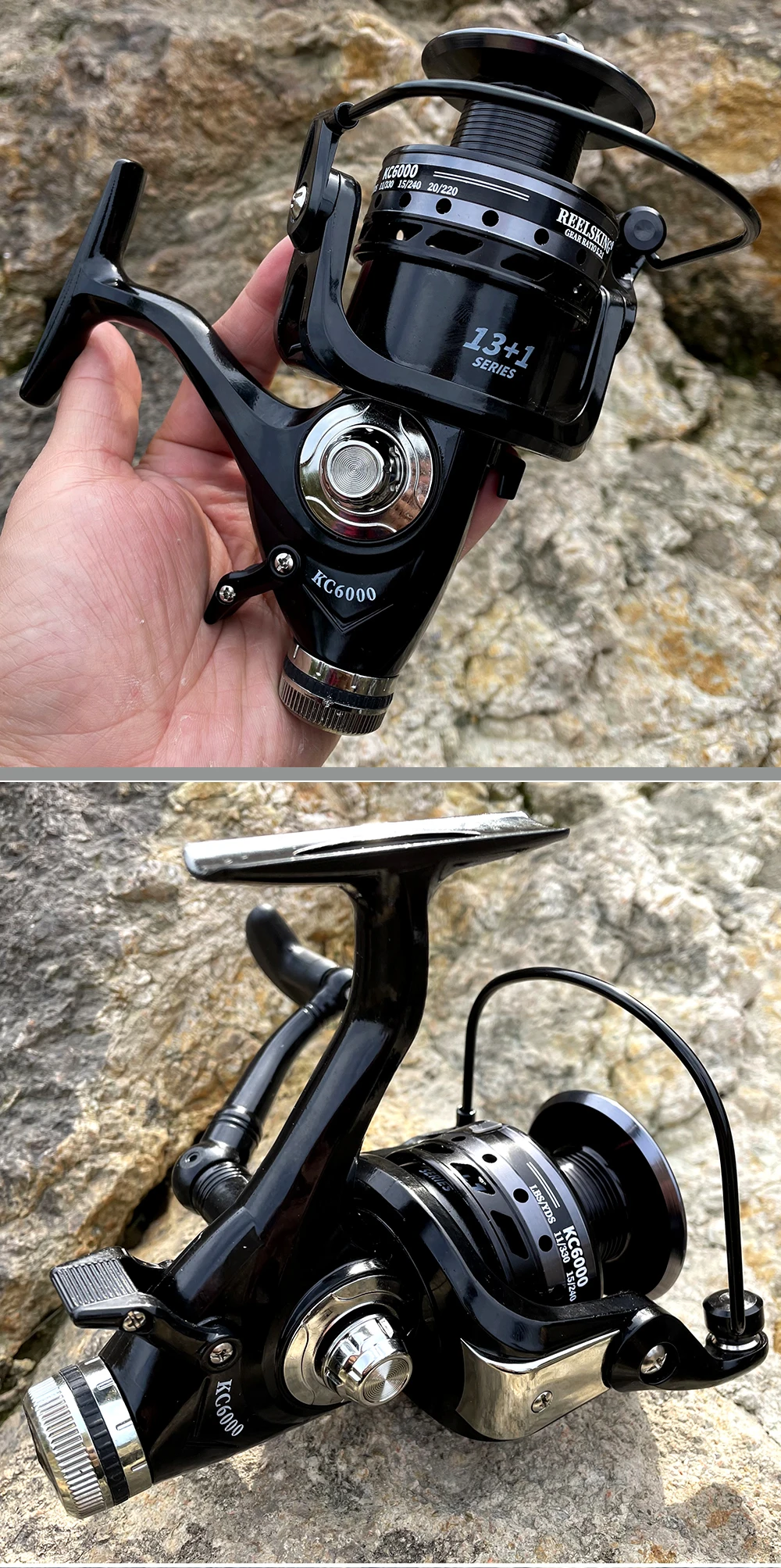 Un carrete de pesca, que es un dispositivo utilizado para enrollar y recuperar hilo de pescar. La parte superior de la imagen muestra el carrete sostenido en la mano de alguien, mientras que la parte inferior muestra el carrete montado en una caña de pescar.