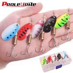 Kit de Señuelos de Pesca giratorios en caja, cebos artificiales, ganchos de Metal para peces, lubina, trucha, perca, Lucio, lentejuelas giratorias, 5 piezas