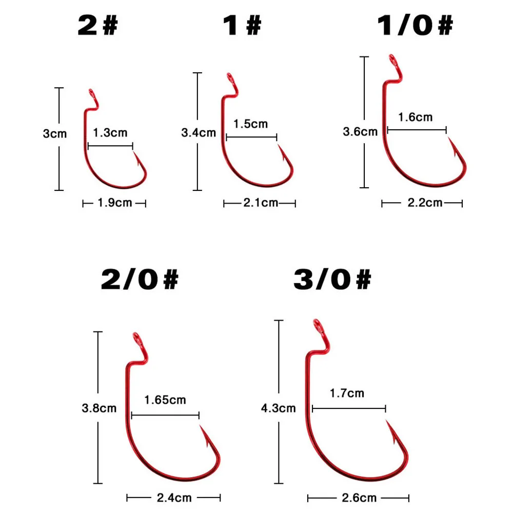 50 unids/caja anzuelo de pesca compensado de manivela ancha anzuelo de púas rojas de acero al carbono para señuelo de gusano suave 2 # -3/0 #   Anzuelos para aparejos de pesca de carpa - imagen 3