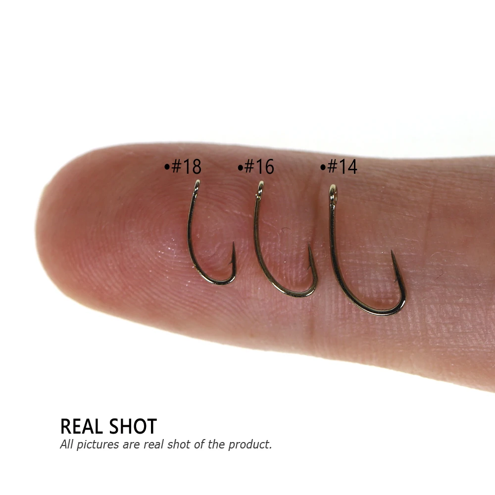 Bimoo 50/100/200PCS # 12 ~ # 22 anzuelos de pesca con mosca seca, alambre estándar, gancho curvo de ninfa bronceado, señuelos para moscas pequeños, Material de atado - imagen 5