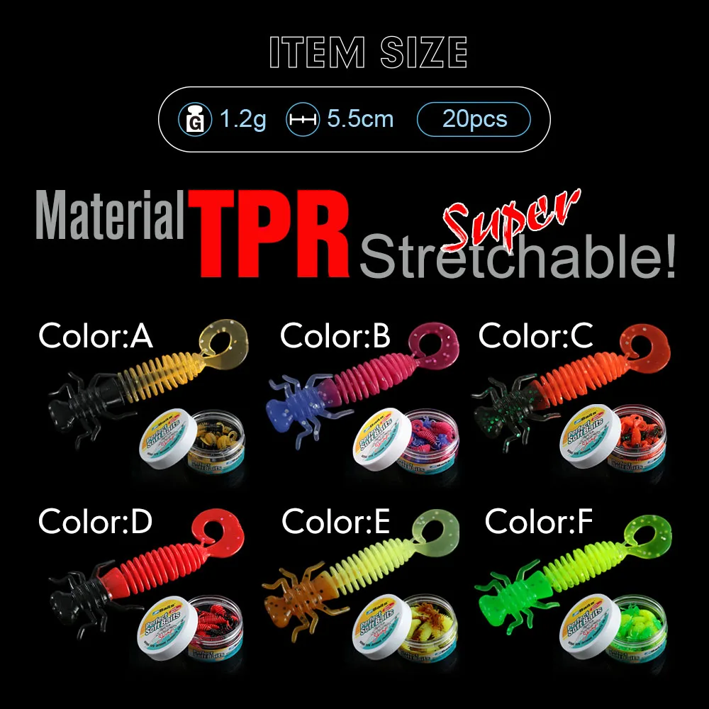 Larva-SEÑUELOS blandos de pesca de 55mm, 20 unids/lote, TPR, señuelo artificial para pesca de lubina, perca, trucha, swimbait suave, Señuelos de Pesca de plástico 2020, cebo de gusano - imagen 4