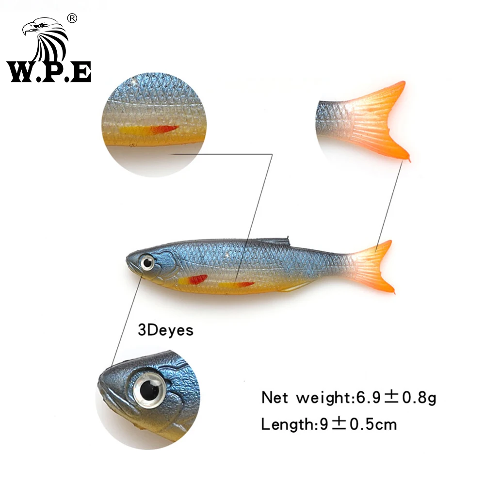 W.P.E fish Señuelos de Pesca blandos de simulación, cebos artificiales de silicona para Sábalo, Wobblers, Swimbait, shad Wobbler, 9mm, 7g, 6 unids/lote por paquete - imagen 5