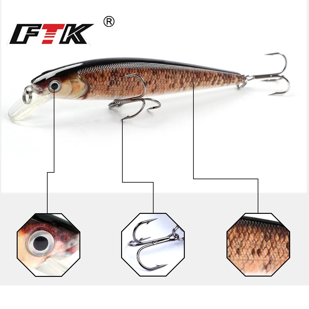 Señuelo de pesca Minnow, 11,8g, 10cm, ojos 3D con anzuelo triple, Swimbait flotante, señuelo duro, cebo Artificial para lubina, Wobblers - imagen 4