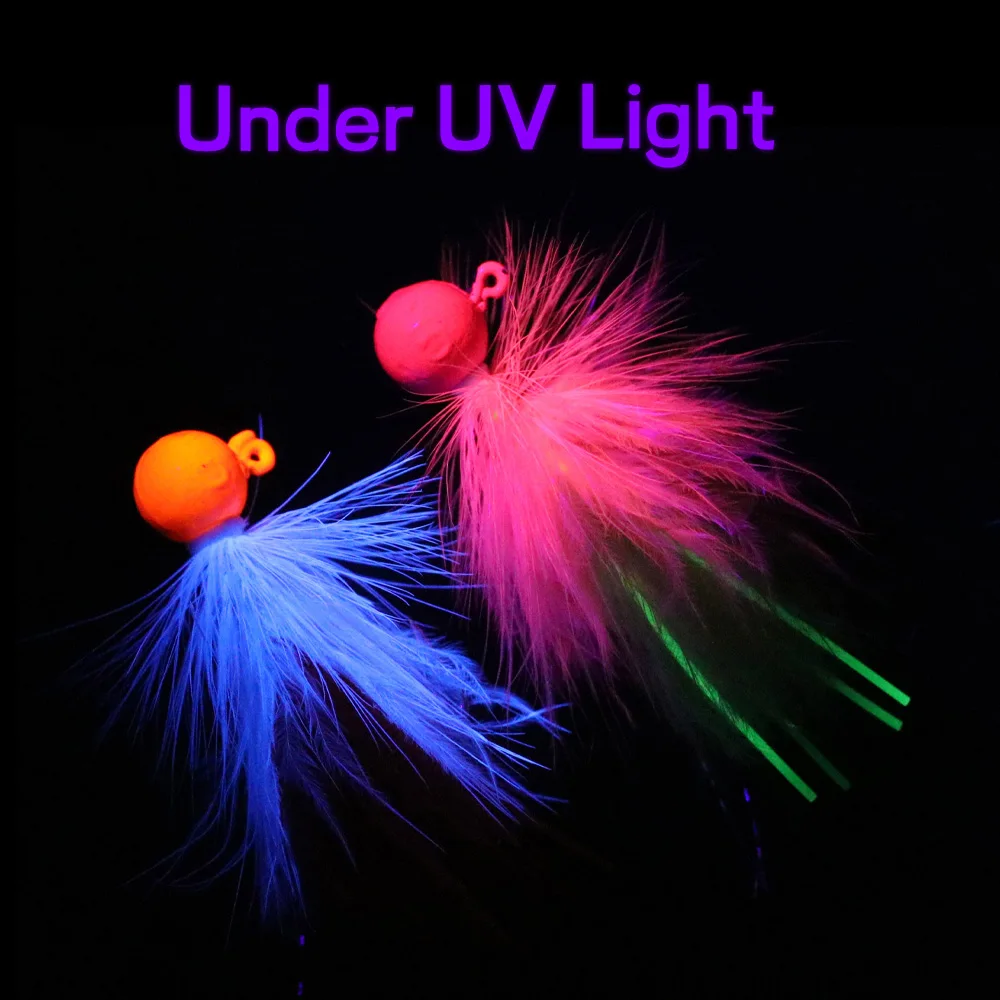 Señuelo de pesca con cabeza de plantilla de plumas de marabú fluorescente, 4 Uds., 3g, 5g, para tipo de pez, trucha, Lucio, Muskie, Walleye, lubina, plantilla de hielo - imagen 5