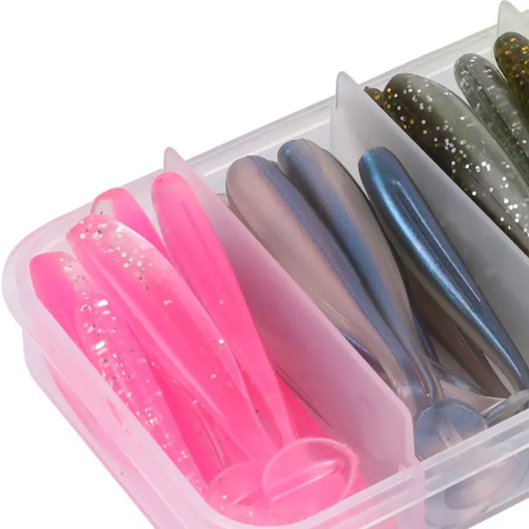 Paquete de caja JYJ 50 Uds 5cm 5,5 cm 6cm 7cm cebos de cola de paleta de cola en T suave, isca artificial pesca wobbler bass minnow señuelo de sílice - imagen 5