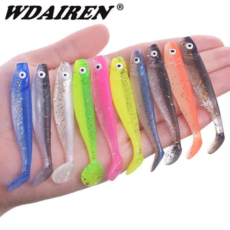 Señuelo de Pesca suave con ojos 3D, cebo de silicona, gusanos artificiales, cebos de goma, Lucio, pececillo, Wobblers, Swimbaits, aparejos de Pesca, 10 Uds./lote