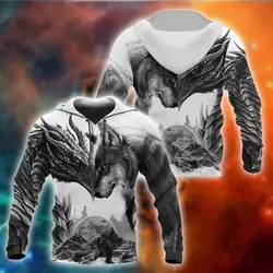 Sudadera con Capucha Estampado 3D Dragón y Lobo - Cremallera Completa